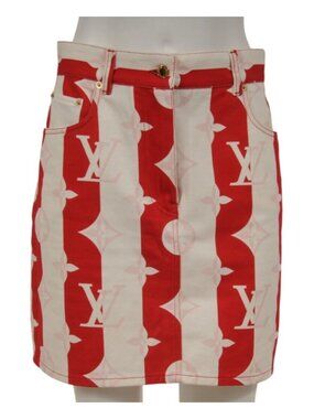 Louis Vuitton Striped Monogram Skirt Size IT 40 White Red Pink Denim Jean